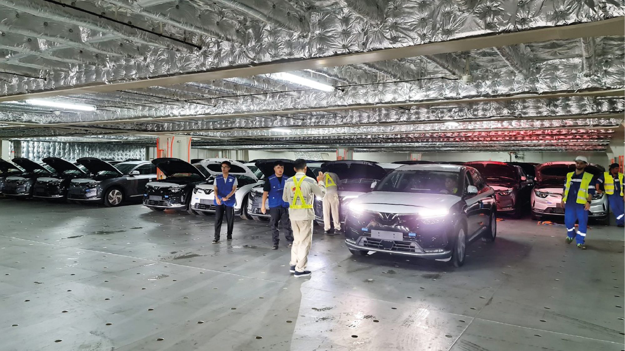 Vehicles secured inside a PCTC car deck