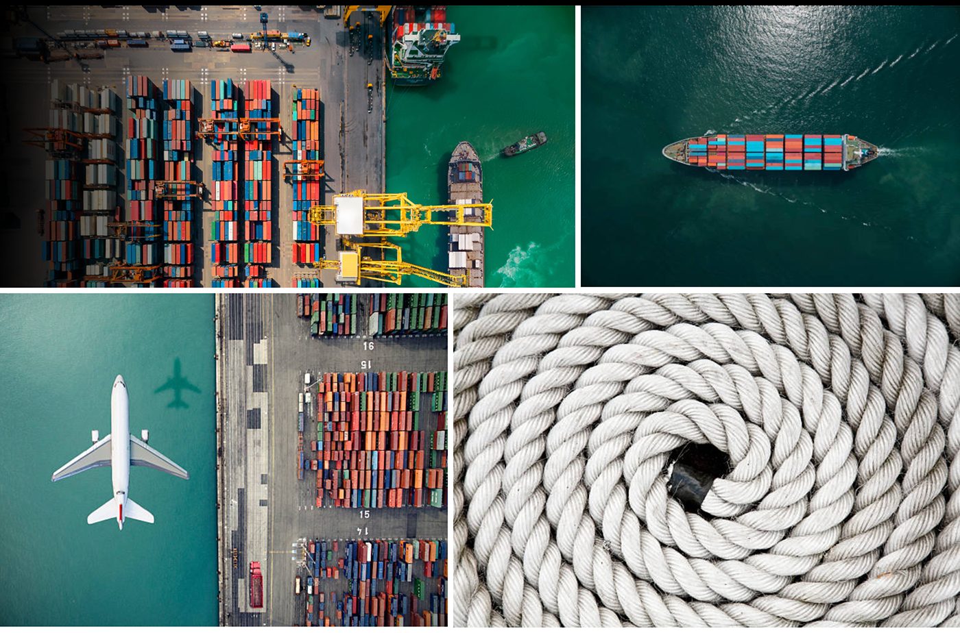 Aerial views of container terminals, vessels and port operations